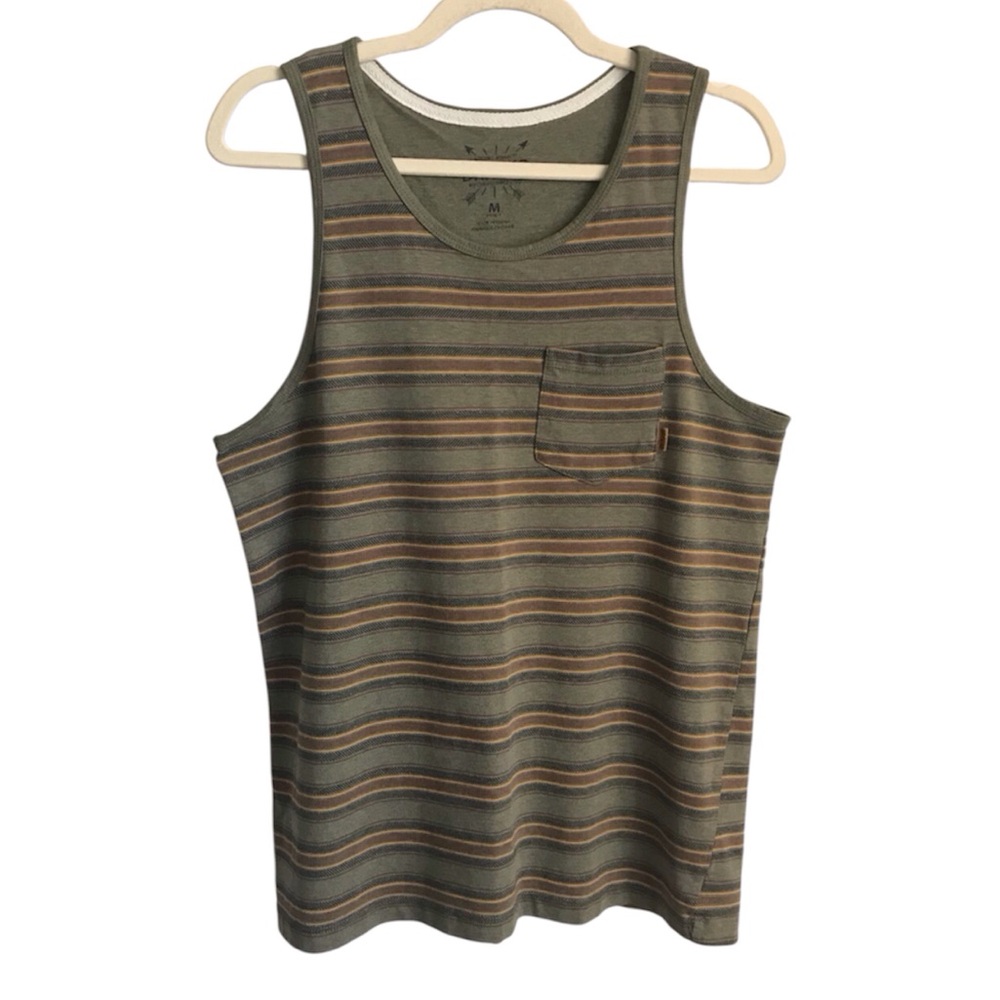 🔴 4/$15 DRAVUS Men’s M Green Yellow Brown Striped Chest Pocket Tank Top in EUC